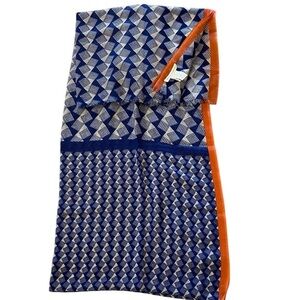 White+Warren 100% mercerized wool flat weave scarf, blue & orange geometric